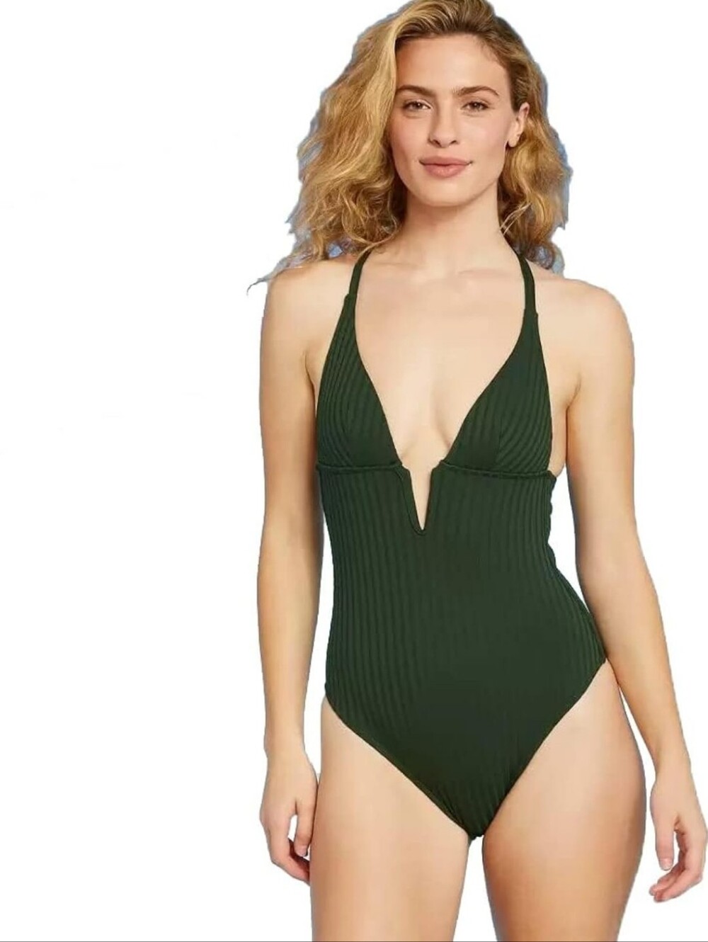 Shade & Shore Green Deep Plunge V Neck One Piece Swimsuit Size Small 4-6